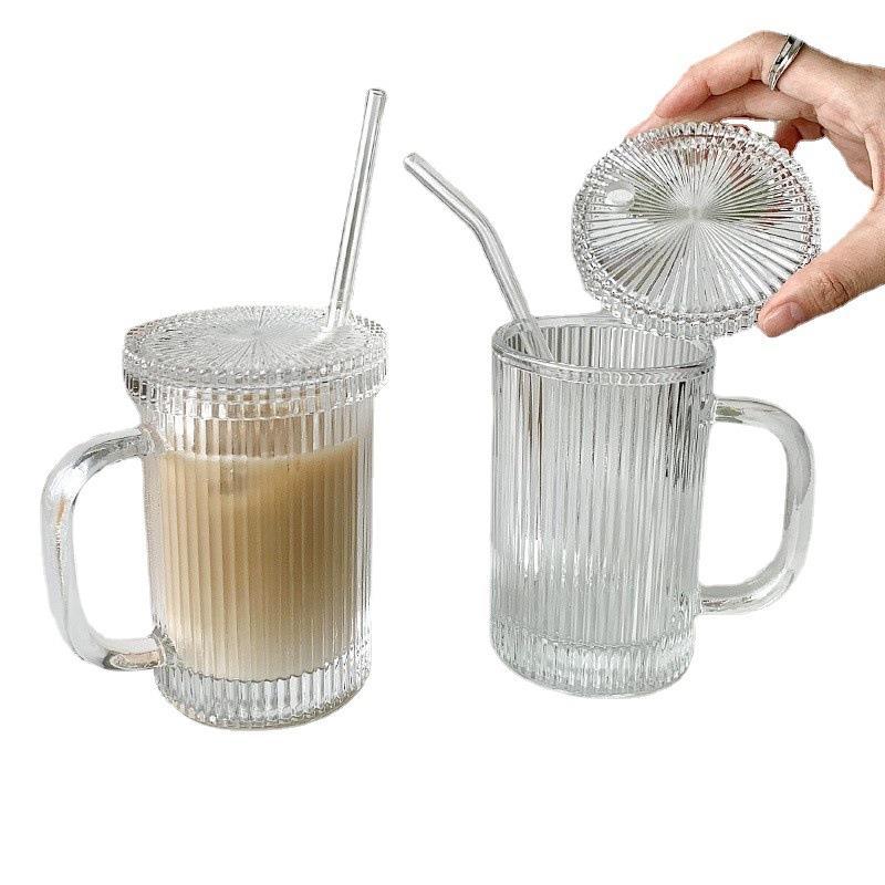 Viento a rayas taza de paja con tapa de cristal simple taza de agua taza del hogar taza de bebida taza de leche taza de desayuno jugo