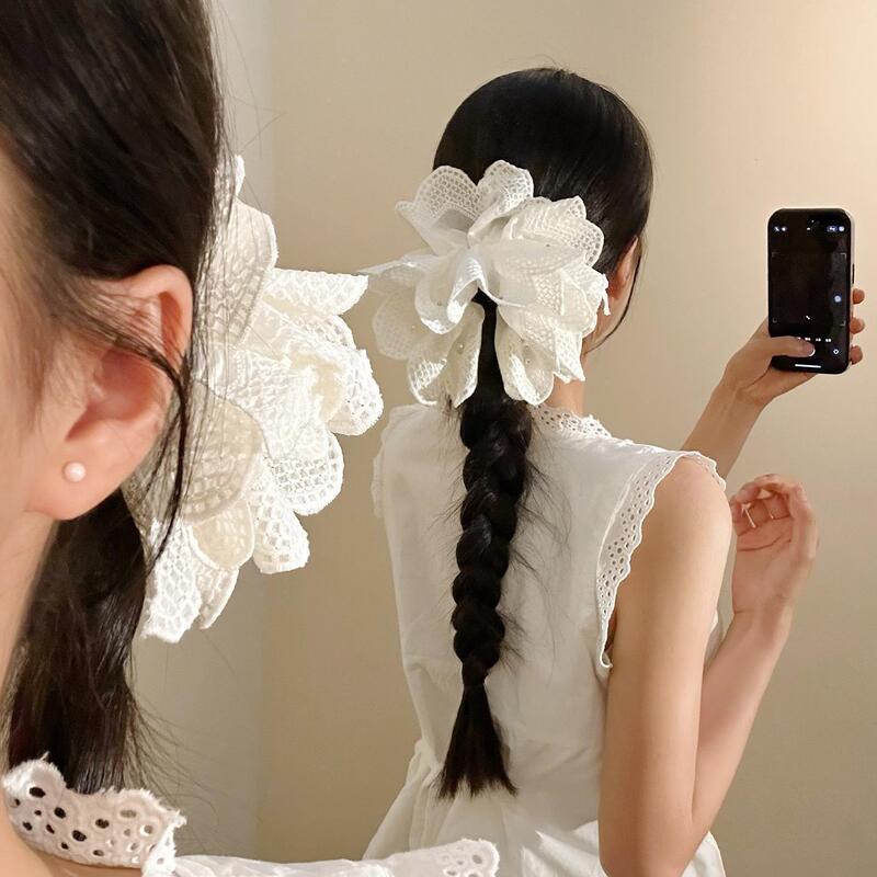 法式白色花朵蕾丝珍珠马尾抓夹女高级感温柔百搭后脑勺夹子头饰|undefined
