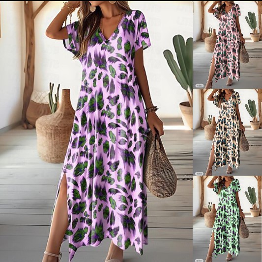 2024 women's leisure dress summer digital printing split V -neck…