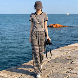 欧货休闲运动套装女夏季2026新款时尚洋气宽松条纹短袖两件套显瘦