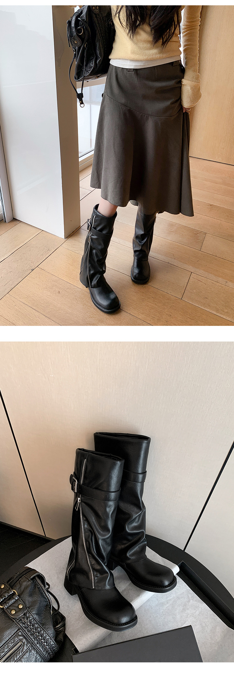 Boot nữ cổ cao ôm bắp chân da thật mũi tròn gót vuông Chunky khóa thắt lưng — màu đen, nâu đậm chi tiết 17