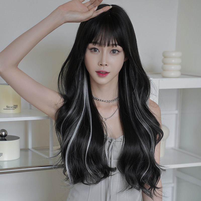 Japanese and Korean New Wig Women's Long Hair Black Tea Highlight Dye Big Wave Long Curly Hair Chemical Fiber Simulation High Temperature Silk Full Top Headgear