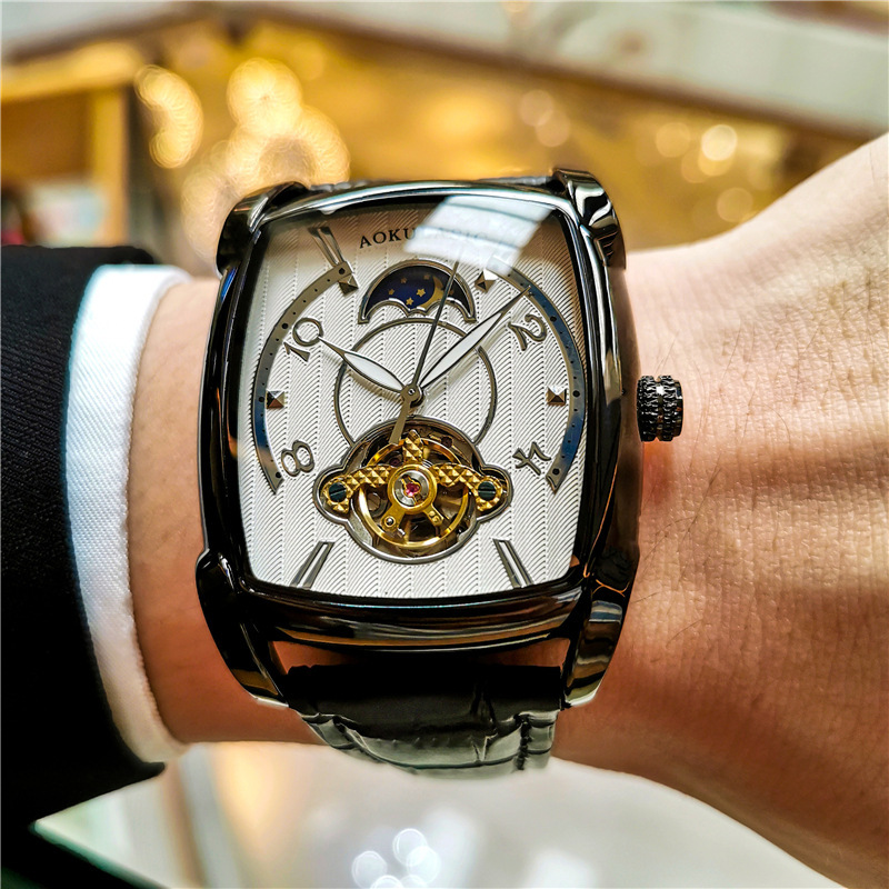 Ogulas reloj cuadrado de los hombres gran dial hueco transparente reloj mecánico automático de gama alta de cuero casual reloj de los hombres