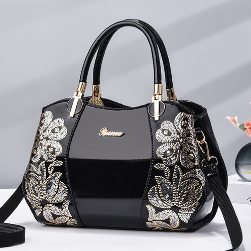 [Shichen Women's Bag] Middle-aged Women's Bag Boston Attractive Ladies Bag Patent Leather Mom Bag Large Capacity Handbag