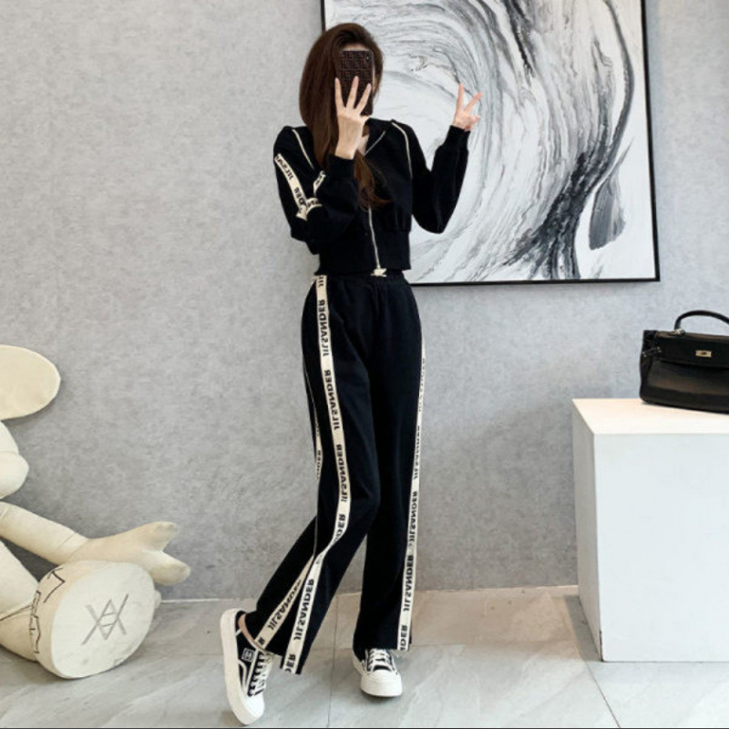 M164 [65 Cotton Minnie] Original New European Station Fashion Hooded Letter Women's Jacket Wide Leg Pants Two-Piece Set