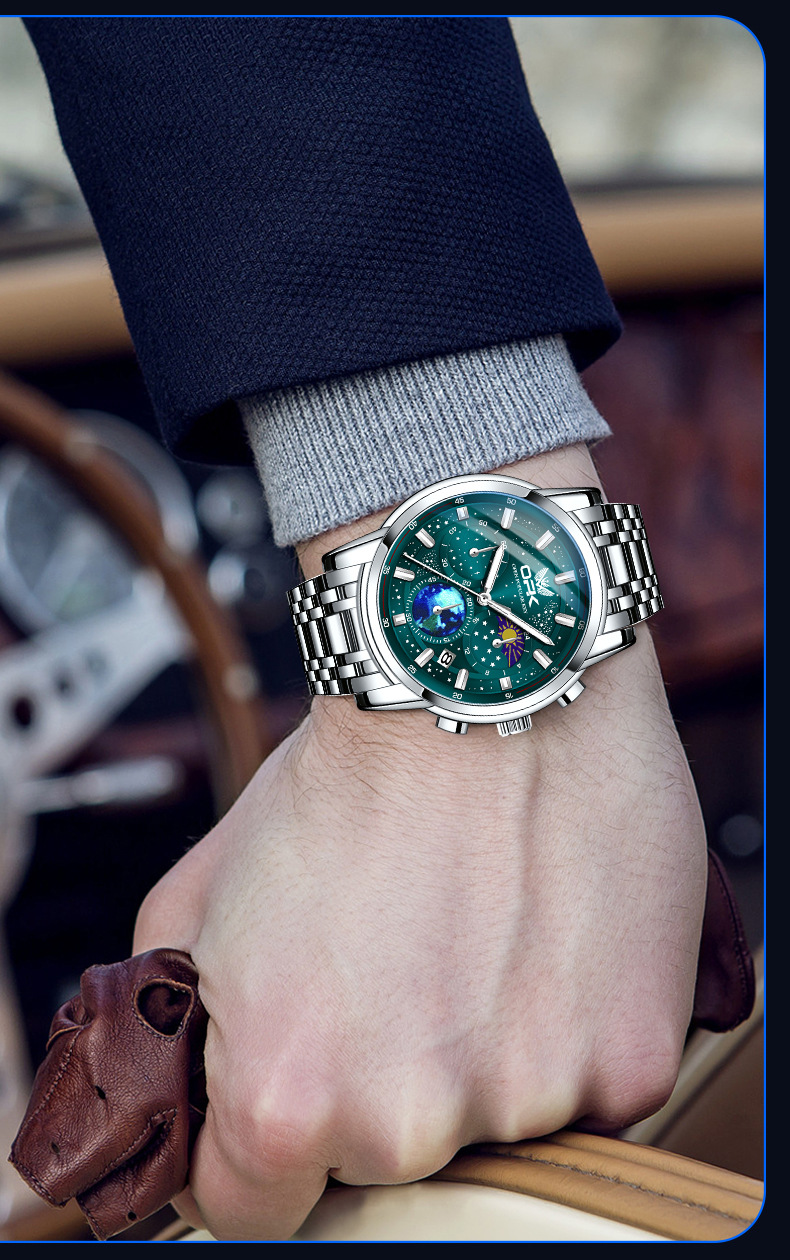 Opk Men's Quartz Watch Moon Phase Chronograph Glow Dial Wristwatch_voghion.com