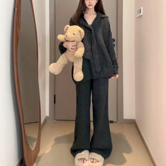 韩系慵懒风松弛感穿搭一整套Polo领毛衣针织阔腿裤休闲百搭两件套
