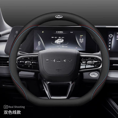 Steering Wheel Cover 5X, Steering wheel cover - style-2-with-label-double-color-thread-sleeve-style-ultra-thin-default