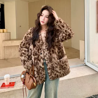 咖色复古豹纹设计感环保皮草外套女2025冬小个子名媛气质皮毛一体