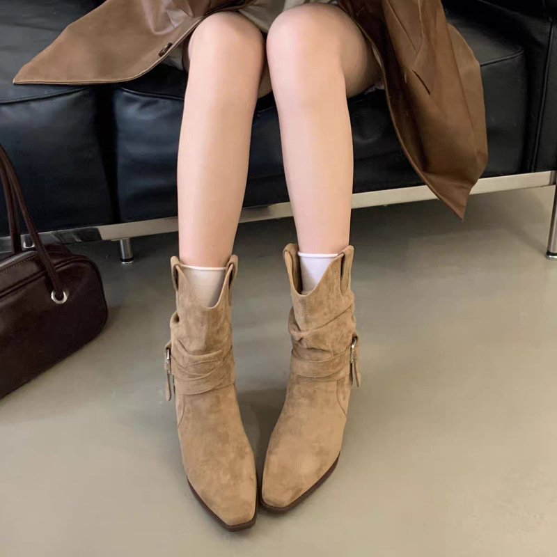 韩版绒面皮带扣粗高跟西部牛仔靴女秋冬款外穿时尚百搭复古中筒靴|undefined
