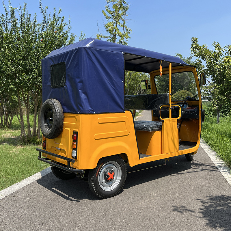 Triciclo eléctrico de pasajeros con parasol y toldo para el transporte de pasajeros, apto para exportación y uso comercial, a batería, de tres ruedas parcialmente.