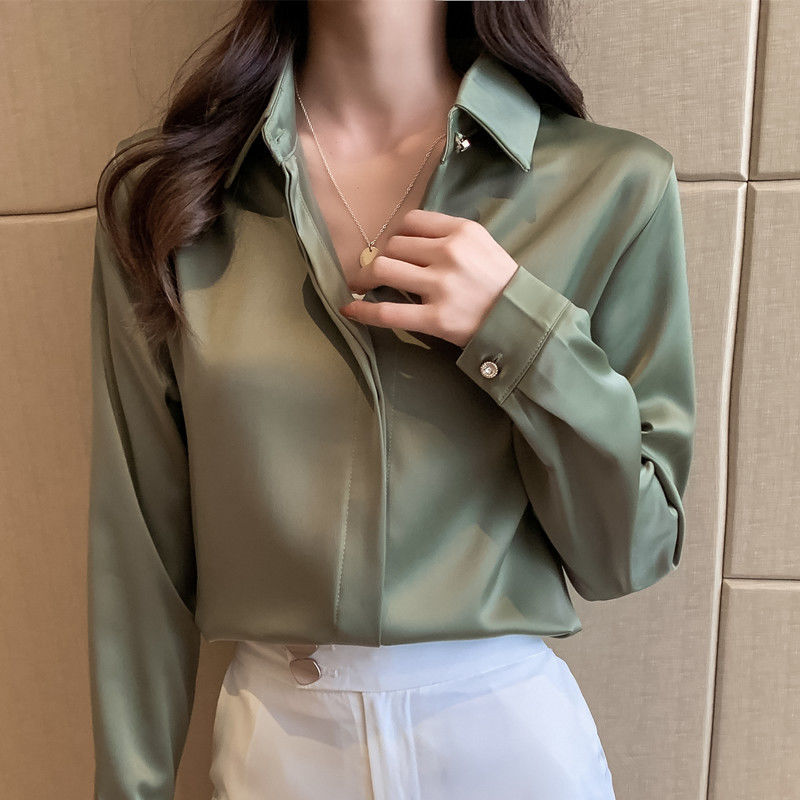 杭州のシルクのシャツの女性の長袖の春秋服の新型の绢糸の上着の白い職業は底のシャツの女性を詰めます。|undefined