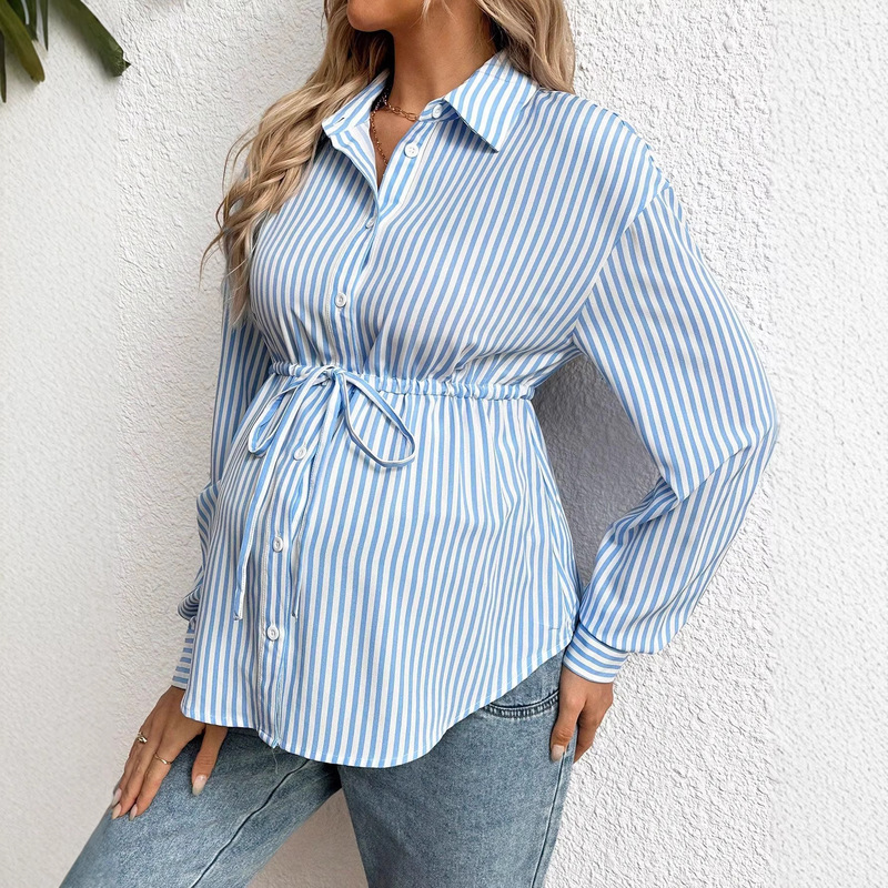 European and American Cross-Border Maternity Wear 2026 Spring and Autumn Striped Collared Top Mid-Length Shirt Long-Sleeve Waist-Cinching Maternity Shirt