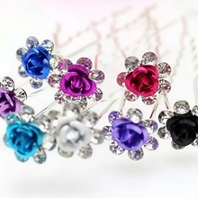 新娘伴娘玫瑰花发钗7钻U型发簪发针盘发头饰配饰珠饰