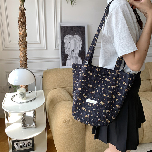 36201 New Floral Canvas Bucket Bag Korean Style Women's Simple Large Capacity Shoulder Bag Shopping Crossbody Bag