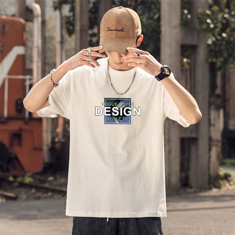 Camiseta de manga corta de los hombres de algodón de manga corta pie 230G pesada suelta marca de moda verano cuello redondo Camiseta de los hombres