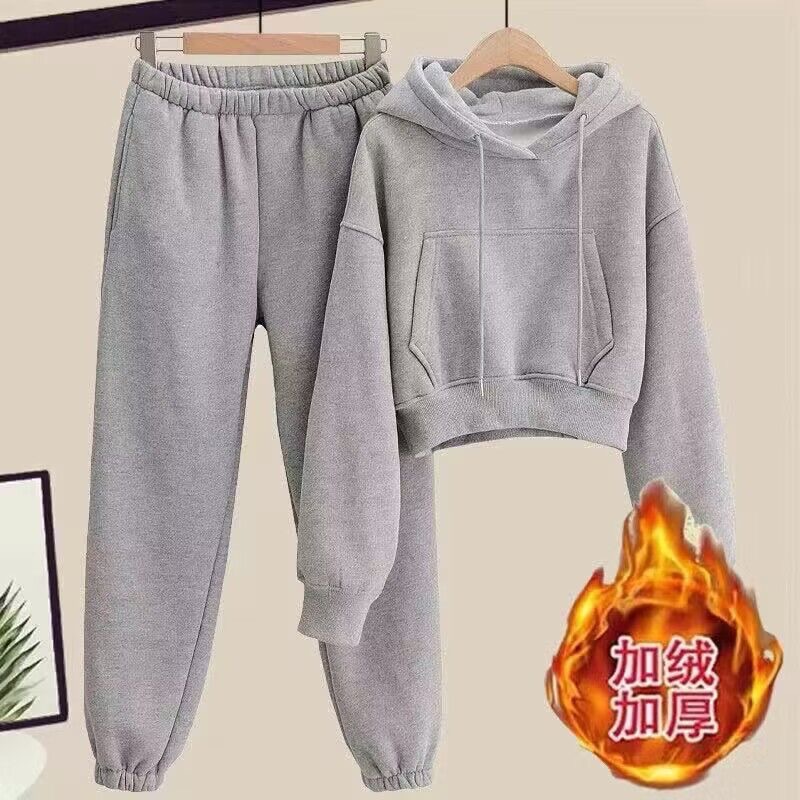 Autumn and Winter Petite Fleece-Lined Casual Plus-Size Suit for Women, Hooded Sweatshirt, Jogger Pants, Sportswear, Winter Two-Piece Set