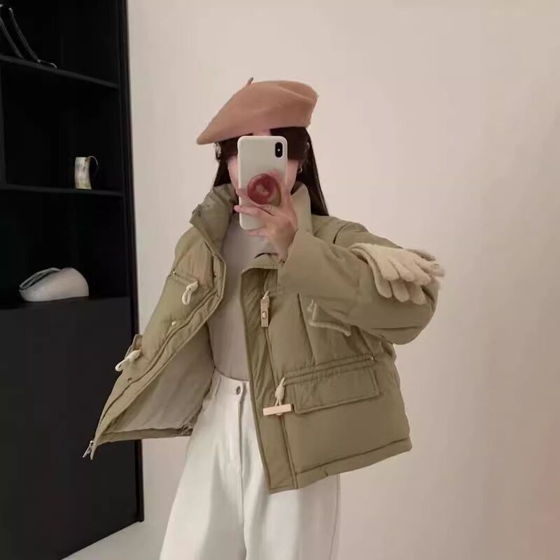 2025 Winter New Style Wooden Button Short Thickened down Jacket Women's Candy Color Warm Stand Collar Small Jacket College
