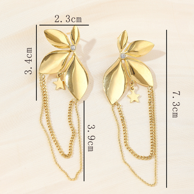 Leaf Shaped Tassel Drop Earrings In Golden Titanium Steel_voghion.com