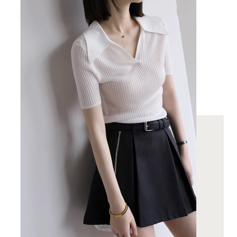 Áo thun nữ cổ polo tay ngắn dệt kim mùa hè chất liệu Tiansi Leisel tôn dáng — Màu đen, Hạt kim trắng, Thẻ Vàng chi tiết 7