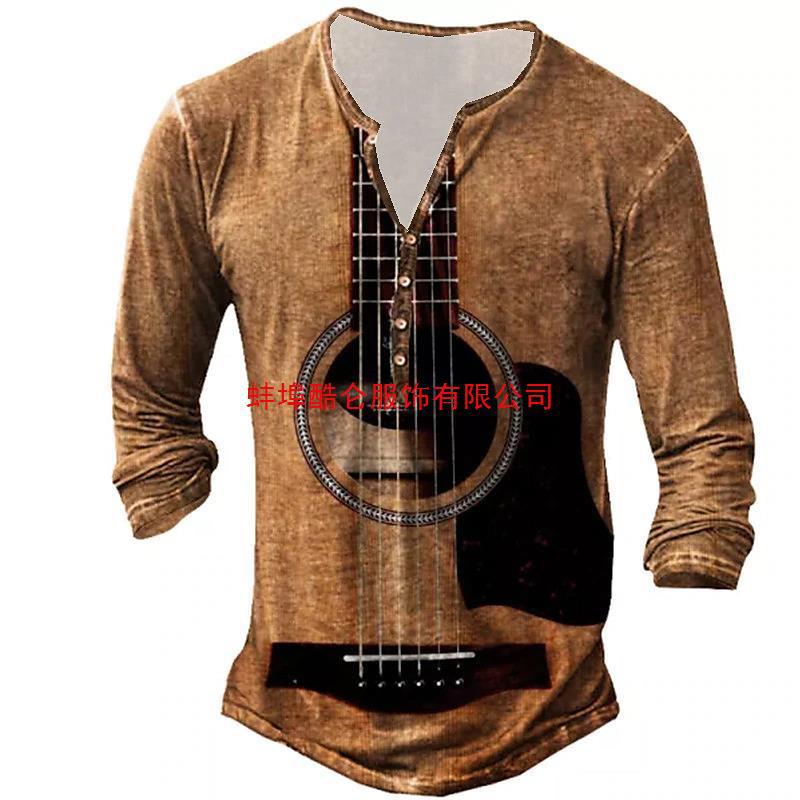 2022 retro hombres 3D digital placket abierto de siete botones Camiseta de manga larga de los hombres de guitarra patrón transfronterizo estación independiente