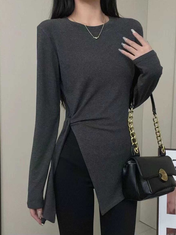 大码女装不规则开叉黑色v领长袖t恤女早秋微胖mm修身显瘦长款上衣|undefined