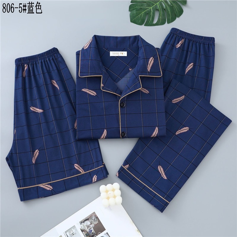 Pijamas de algodón para hombres de verano tres piezas de manga corta pantalones cortos de primavera y verano delgados ropa de casa