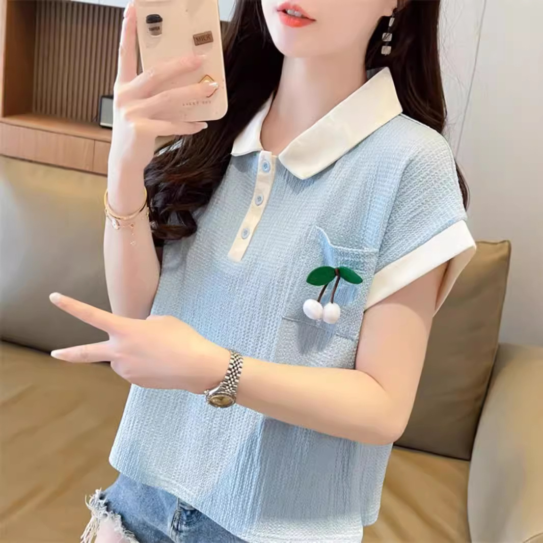 Tops de cuello de polo de bolsillo de color de contraste de textura de gran tamaño para mujer 2024 verano nuevo estilo suelto y delgado camiseta de manga corta para mujer