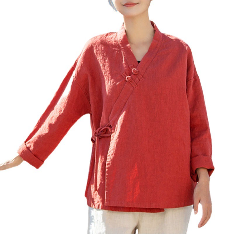 25 осенняя женская одежда из хлопка и льна, рубашка из рами с v-образным вырезом и пуговицами в стиле шинуазри, женский льняной чайный костюм династии Хань для медитации