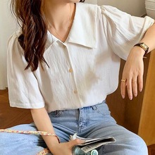 白色衬衫女短袖设计感衬衣韩版新款复古港味法式v领气质上衣