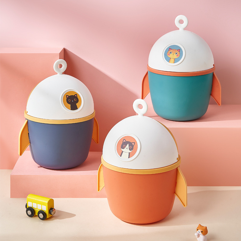 Desktop Trash Bin with Lid Mini Lifting Lid Cartoon Shape Small Rocket Trash Bin Japanese Household Grocery Bucket Waste Bin