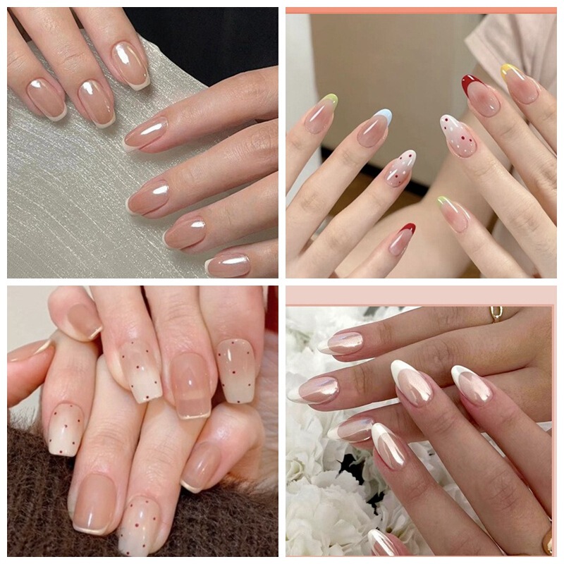 Wearable Nail Tips for Girls, French Style Detachable Nail Tips, Gradient Polka Dots, Sweet Short Nails, Nude Color Fake Nail Tips, 24 Pieces