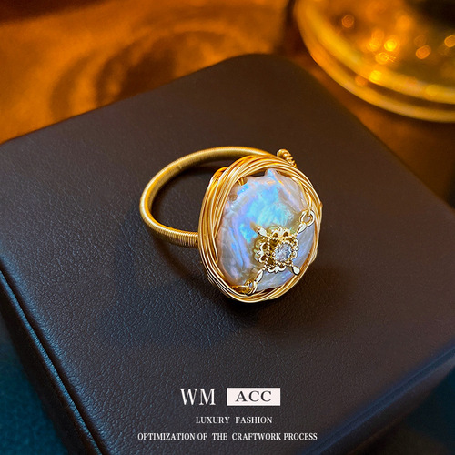Real gold electroplated zircon baroque pearl open ring fashionable and elegant retro index finger ring niche light luxury hand jewelry