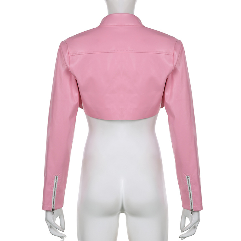 product - wholesale Locomotive Pink Letters Embroidered Faux Leather Jacket Cool Handsome Ultra Short Cuff Zipper Jacket - 9
