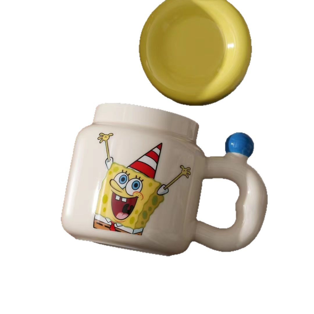 Personalidad creativa de dibujos animados Baby Esponja taza de cerámica con tapa de alto valor encantador taza de desayuno regalo taza de café