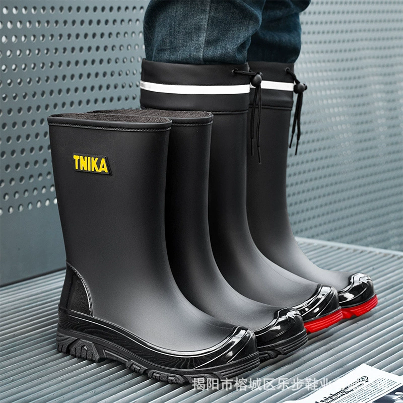 Мужские резиновые сапоги до середины икры, новый тип мужских водонепроницаемых резиновых туфель на шнурке, цельные противоскользящие мужские водные туфли, мужские светоотражающие резиновые сапоги в стиле горного патруля для кемпинга.