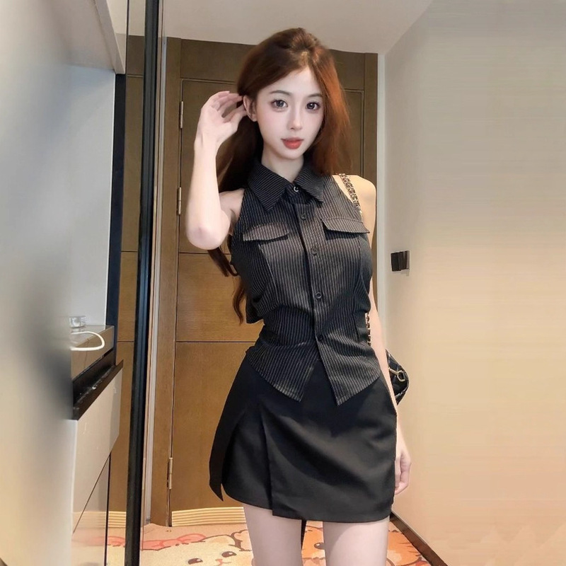 Stylish Striped Shirt for Women 2025 New Popular French-Style Top Beautiful Backless Waist-Cinching Black Sleeveless Blouse Stylish Striped Shirt for Women 2025 New Popular French-Style Top Beautiful Backless Waist-Cinching Black Sleeveless Blouse