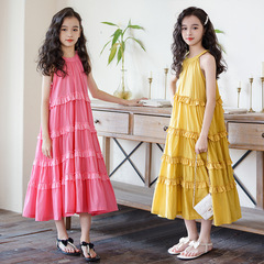 女童連衣裙夏季掛脖背心荷葉邊長裙2024新款中大童兒童女孩蛋糕裙