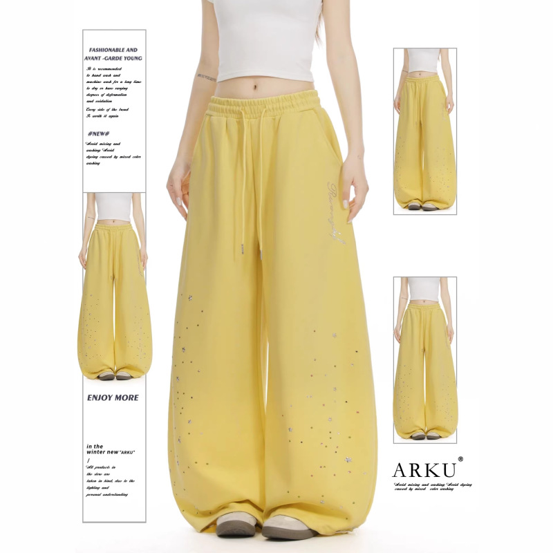 American-Style Colorful Star Rhinestone Sports Sweatpants for Women, Loose Drape Jazz Dance Wide-Leg Casual Pants
