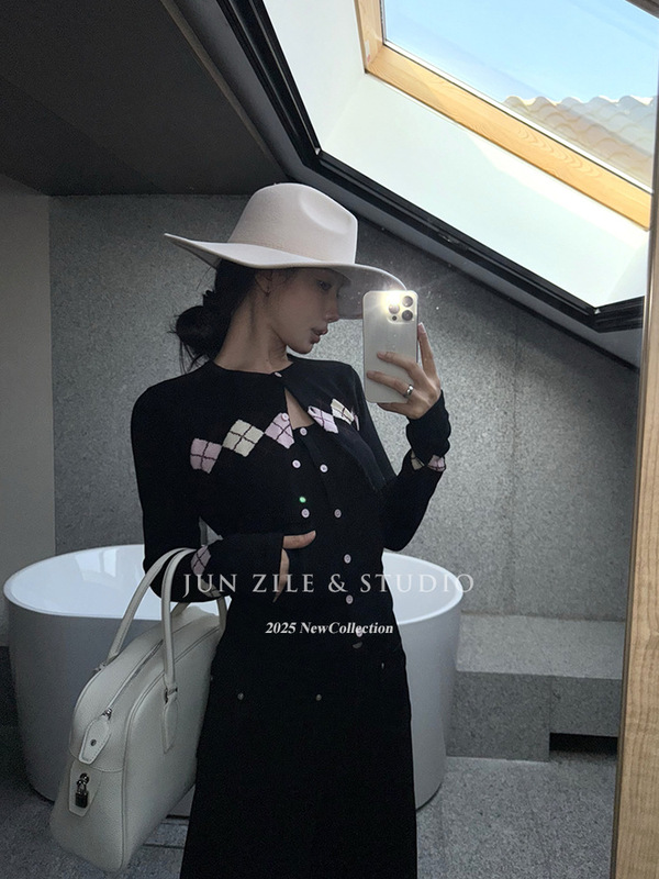 套装女装韩系复古菱格纹针织开衫外套打底吊带背心内搭上衣两件套|undefined