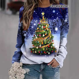 2025跨境速卖秋冬季女装圣诞节爆款3D数码印花运动节日女装上衣新