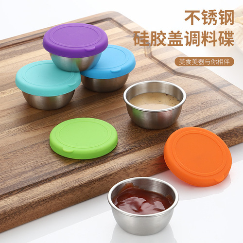 Cross-border 304 stainless steel 50ml sauce cup with leak-proof silicone lid, outdoor portable salad dressing dipping dish