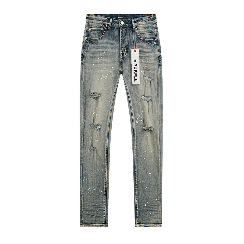 Comercio exterior transfronterizo mayorista purp1e estilo americano marca de alta calle agujero parche de tinta retrógrada lavado jeans pantalones cortos