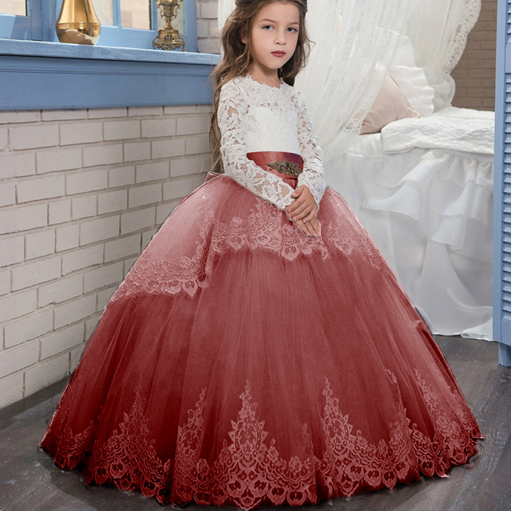 Comercio exterior transfronterizo nuevo encaje doble manga larga invierno bola flor chica pettiskirt vestido de novia entrega de una sola pieza