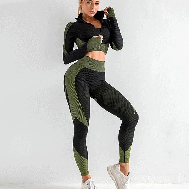 Amazon zipper 3-piece set seamless yoga suit long-sleeved fitness top and butt-lifting tight pants set