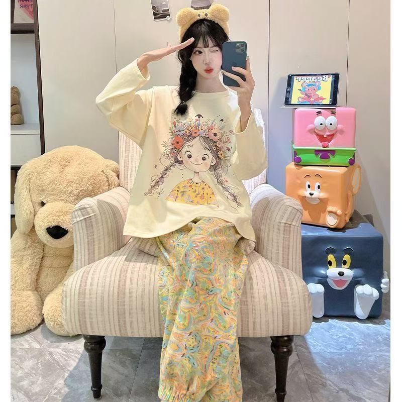Pijamas al por mayor transfronterizos de primavera y otoño nuevos pantalones de manga larga estudiantes dibujos animados lindos y sueltos set de ropa de hogar