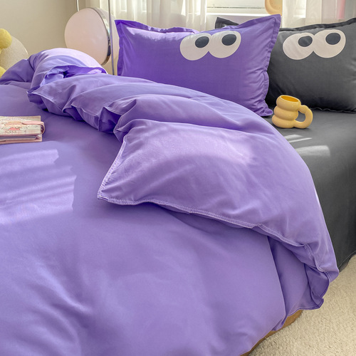 Cross-border Amazon Aloe Cotton Four-Piece Set AB Version Big Eyes Solid Color Split Bedspread and Pillowcase Three-Piece Set Wholesale