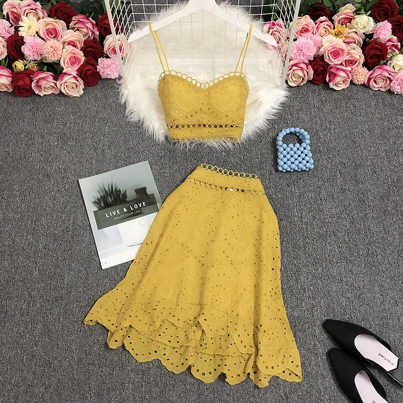 Юбка с подтяжкой из двух частей Приморский праздничный костюм Летний новый короткий топ с открытой спиной с высокой талией с листьями лотоса