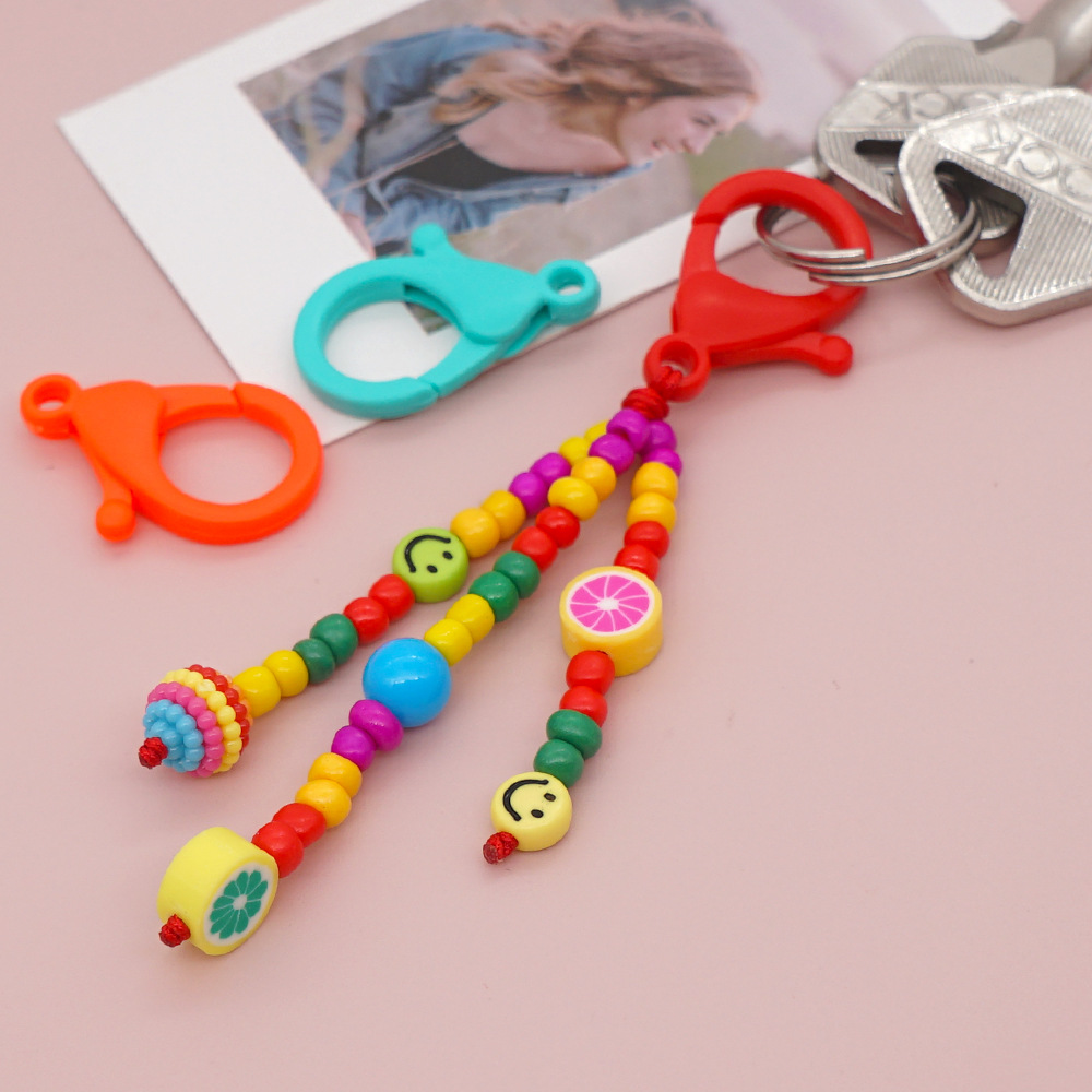 new niche design Bohemian rainbow glass beads smiley keychain bag small pendantpicture1
