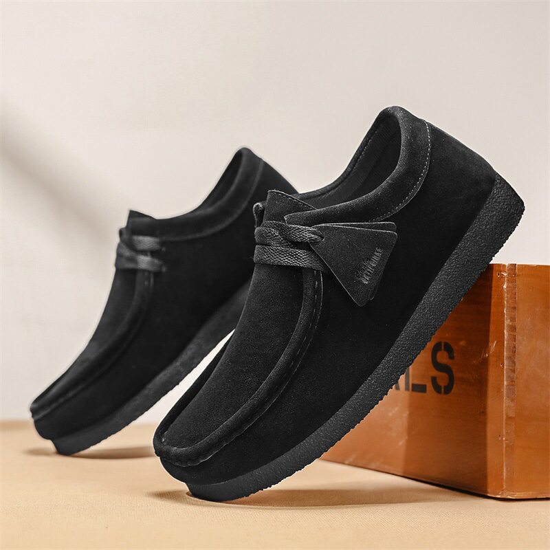 Giày lười nam da lộn mềm đế bệt kiểu mới, giày slip-on mũi tròn thoáng khí — Kaki, màu xám, màu đen